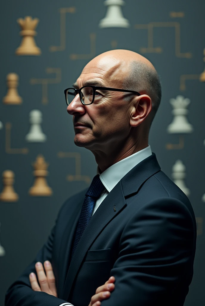 Visuals: Image of Jeff Bezos and a symbolic representation of strategy (e.g., chessboard, decision tree).