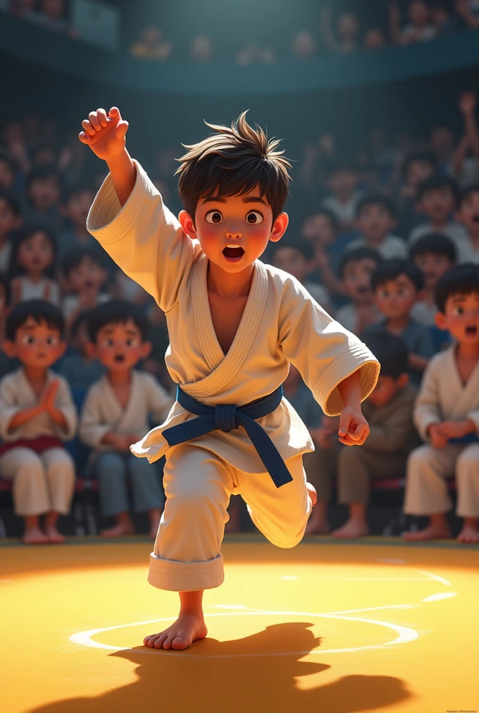 "The boy triumphantly executes the judo move in the final match, flipping his opponent onto the mat. Despite his one arm, The audience in the background is captured mid-cheer, with expressions of surprise and admiration. The boy's face shows a mix of focus and realization of his own strength."