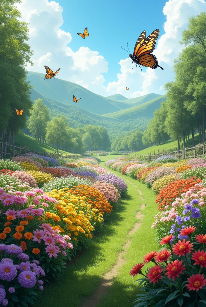 a beautiful and wide flower garden, many butterflies around it