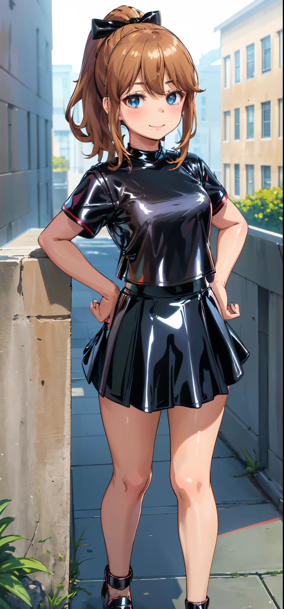 best quality, (masterpiece:1.2), highly detailed, standing, street,
1girl, solo, akatsuki minami,
looking at the viewer, closed mouth, smile, slight blush,
blue eyes, brown hair, ponytail, hair bow, sleeveless, (((dominant girl, latex skirt, latex shirt )))