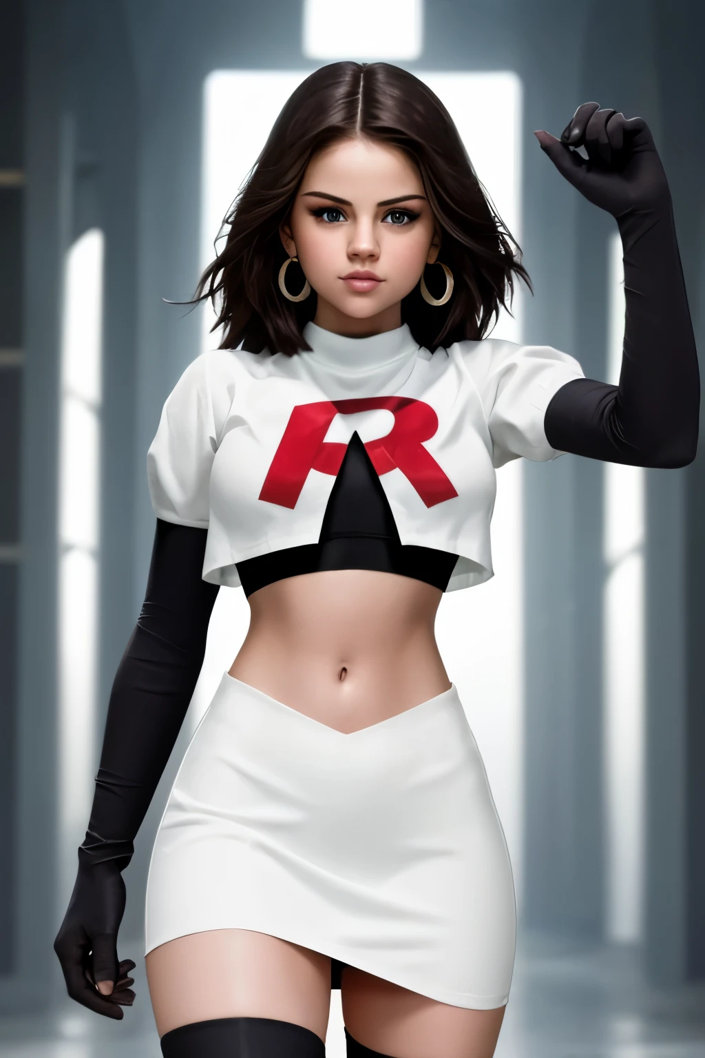 The face of Selena gomez, 1girl, solo, team rocket,team rocket uniform,white skirt,red letter R,crop top,black thigh-highs,black elbow gloves, earrings, large breasts,
