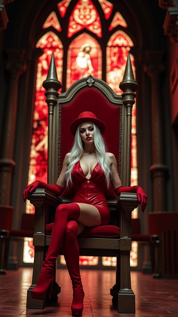 woman, red outfit, red hat, red gloves, red boots, has long white hair, make-up, red thighhighs, scarlet cathedral, stained glass, murals, red eyes, wide hips, sitting, reclined pose, crossed legs, tall throne, serious, smile, (centered:1.2), front view