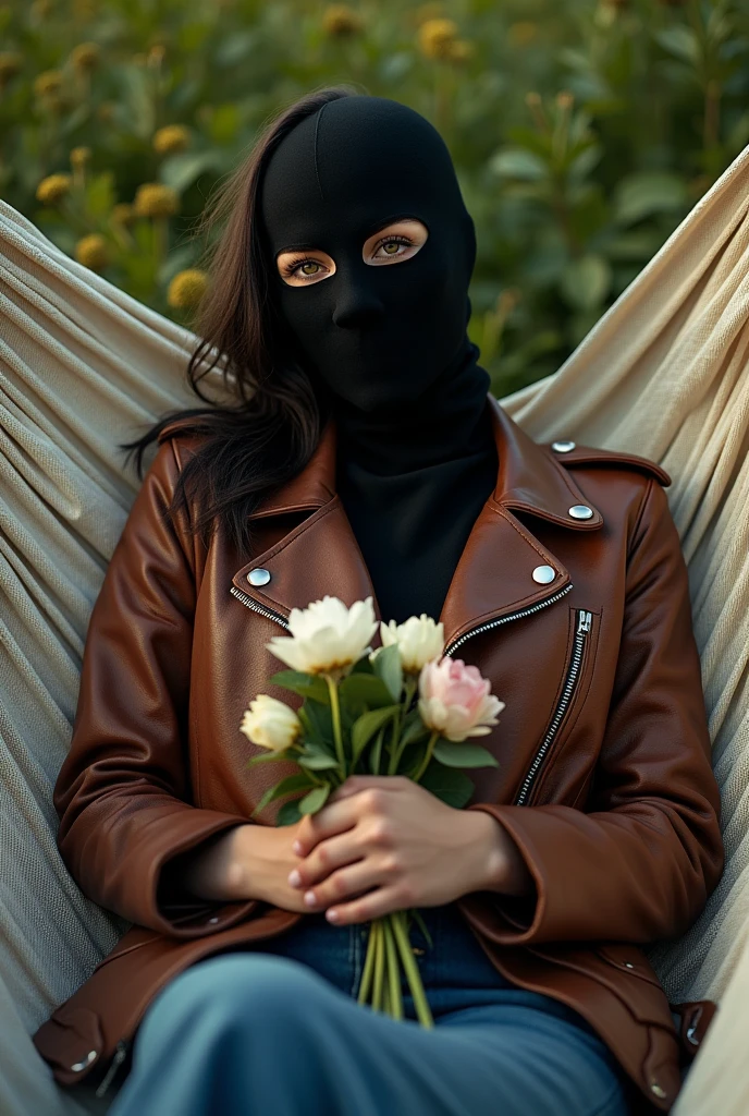 completely hidden face misterious white arabic woman wearing 2 eye holes black ski mask covering mouth and nose, without hair, brown biker leather jacket, wide denim maxi skirt, lying on hammock, barefoot, sunny day, bouquet of flowers in arms