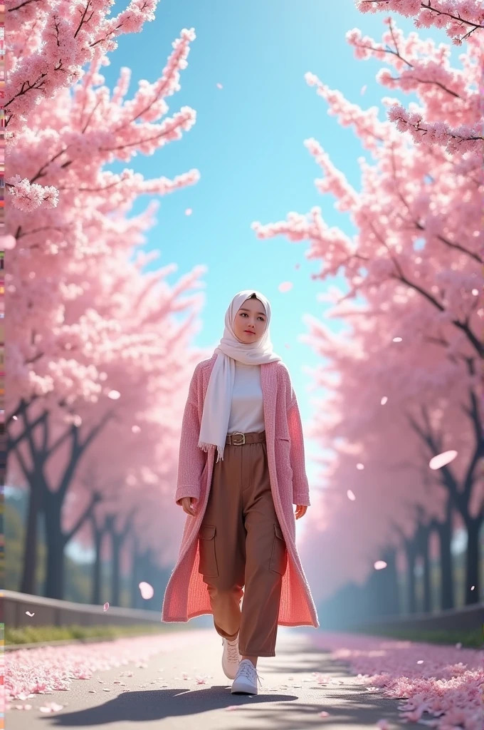 The view is simply amazing,under the bright blue sky, a beautiful korean woman, smooth white skin, well-groomed face, wearing a long white hijab, memakai dres rajut panjang pink  celana kargo  coklat, white shoes, walking gracefully,under the blooming cherry blossom trees.some flowers fall, left and right of the road are cherry blossom trees in full bloom,and beautiful. The cherry blossom tree looks realistic in the photo. Cherry blossom tree background,Realistic original photo.