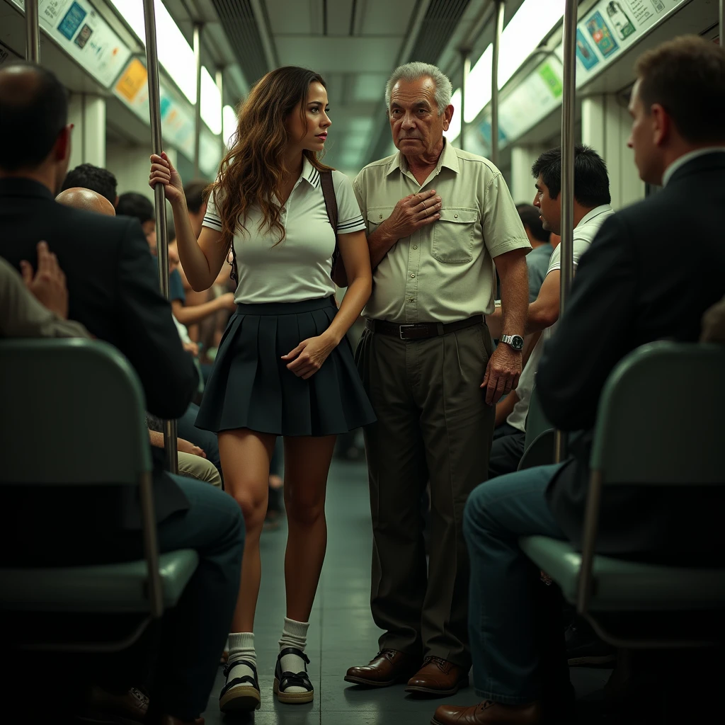 (((8k, RAW photo, highly sensitive, best quality, extremely detailed hair, masterpiece, ultra high res, photorealistic:1.25))), SFW, ((realistic, masterpiece)), (VERY crowded subway train interior detailed scenario), (VERY crowded subway train interior detailed background), standing insanely hot (jennifer lopez) using sexy ((school uniform)), (((lifted skirt))), ((big ass)), ((thick thigths)), ((cum between her legs)), ((3/4 white stockings)), ((fear expression)), (blushed face), old skinny elder ass groping woman 1 from behind,(((very old peruvian man ((ugly) skinny) (elderly man), ((fear expression)), (poorly dressed) pressing his chest on woman 1 back))) and (((holding her waist behind her))), ((cum stain on man pants))