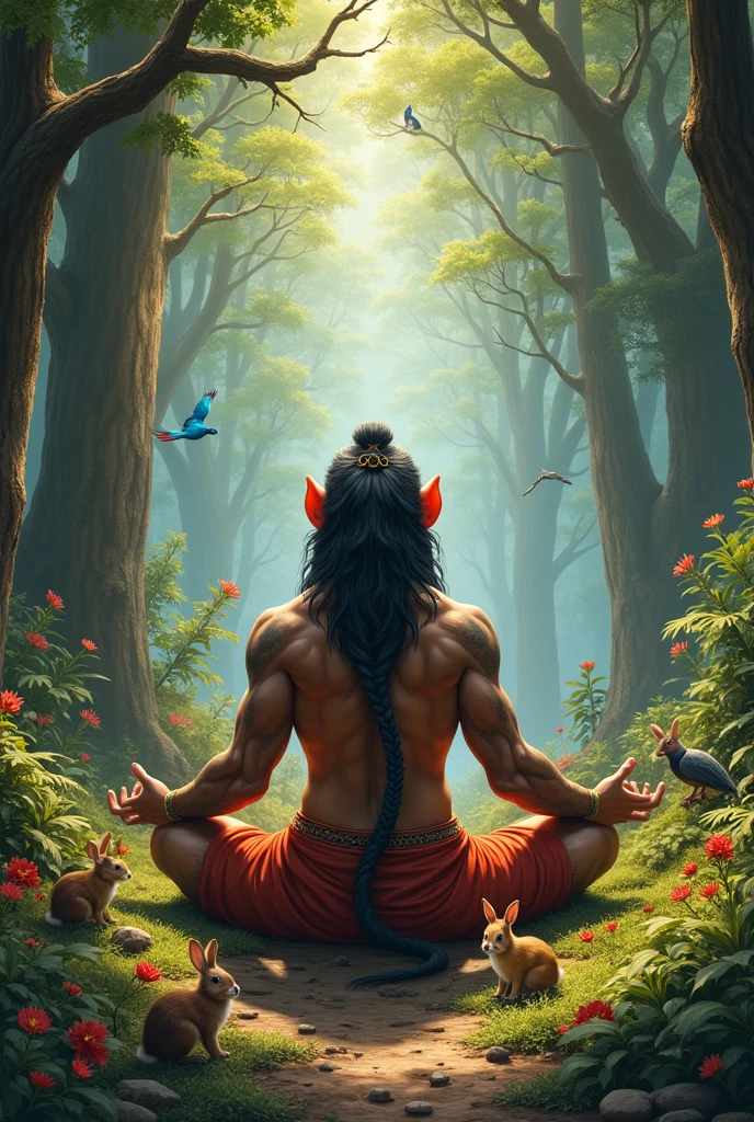 Create a picture of lord hanuman that looks like a monkey man who has a long tail who is sitting and pray to lord ram in a beautiful forest some rabbits and some squirrels are running around the ground he is sitting under a big and beautiful tree on that tree there are many birds like parrots peacocks eagles and some monkey's are sitting