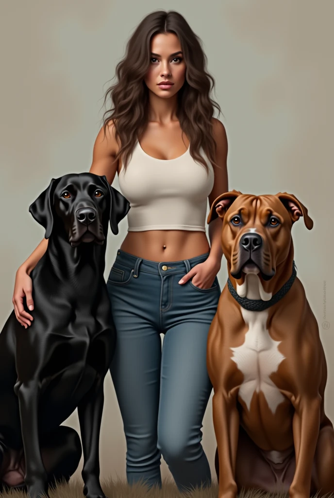 Woman with 2 dogs, black labrador and pitbull