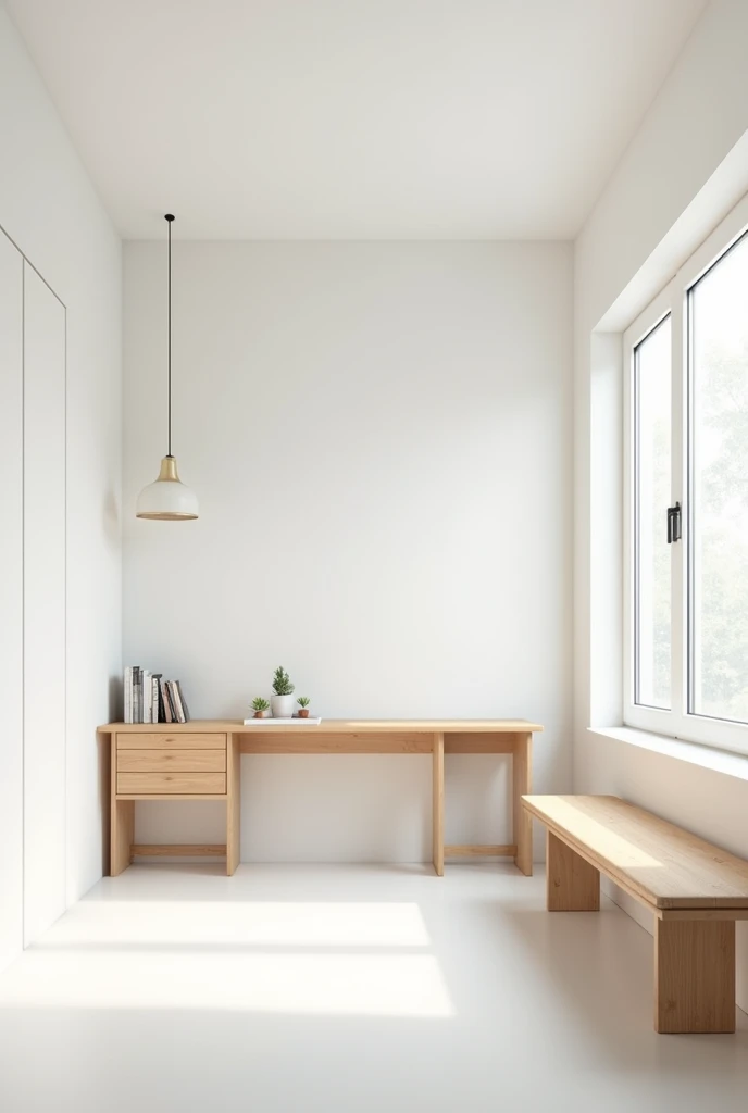 Home interior white walls wooden bench wooden desk