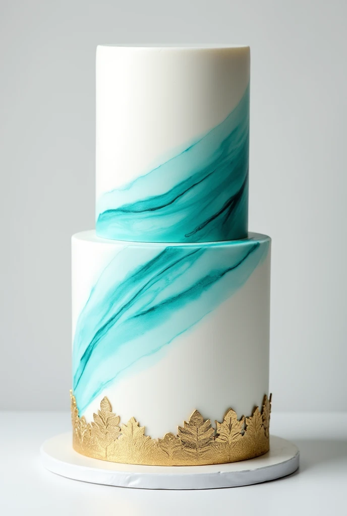 2-tier white cake brushed with turquoise color and gold details on the bases