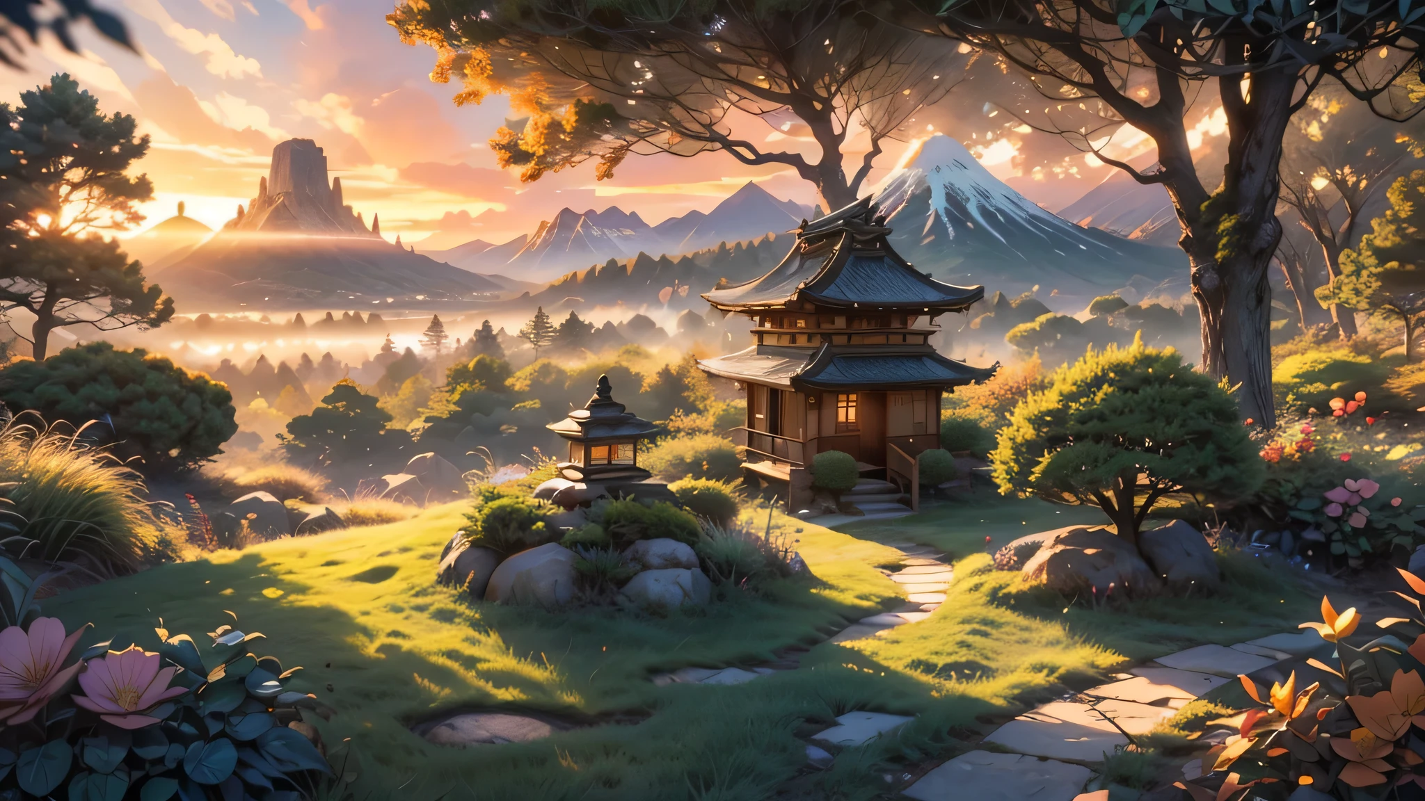 a futuristic small low pod home in a beautiful japanese garden, incredible view with dramatic mountain range, rocks plants flowers shrubs bushes trees moss lawns grass mushrooms,colourful sunset and strong sunbeams,very hazy,extreme details,photorealistic,4k,HD,beautiful,nature, dreamy, low shot,ground level photo, good luminosity, high ambience