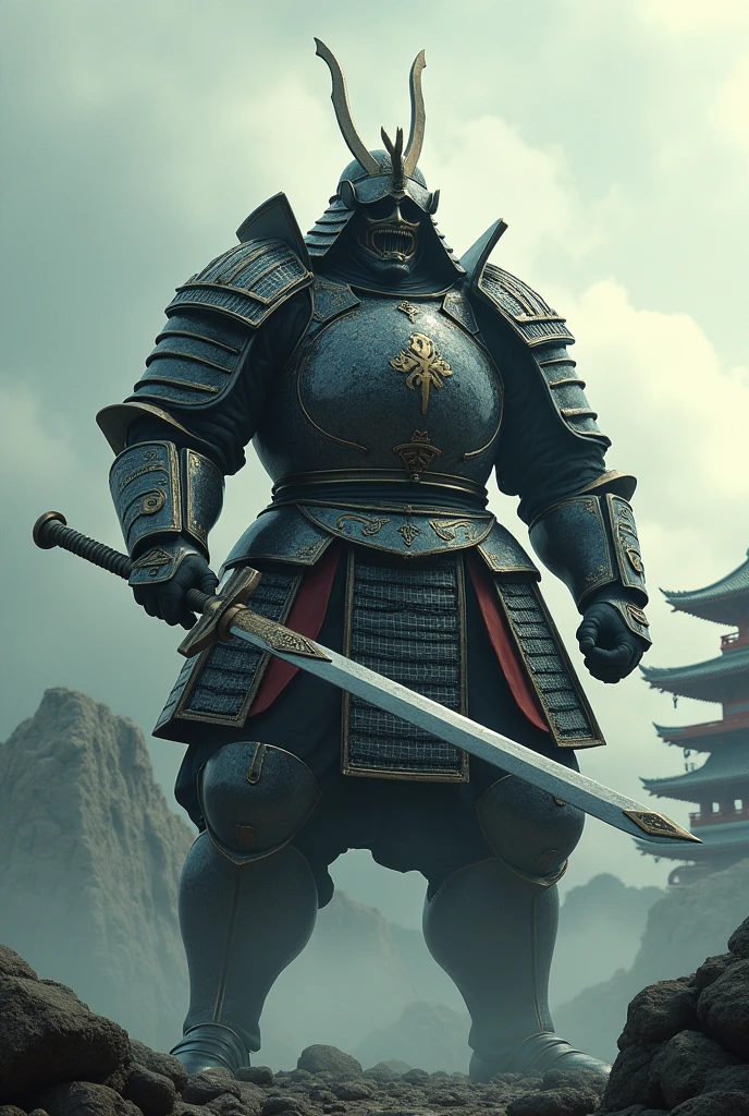 A 3 meter tall giant with a chain mail breastplate and a long two-handed Japanese halberd from the feudal period