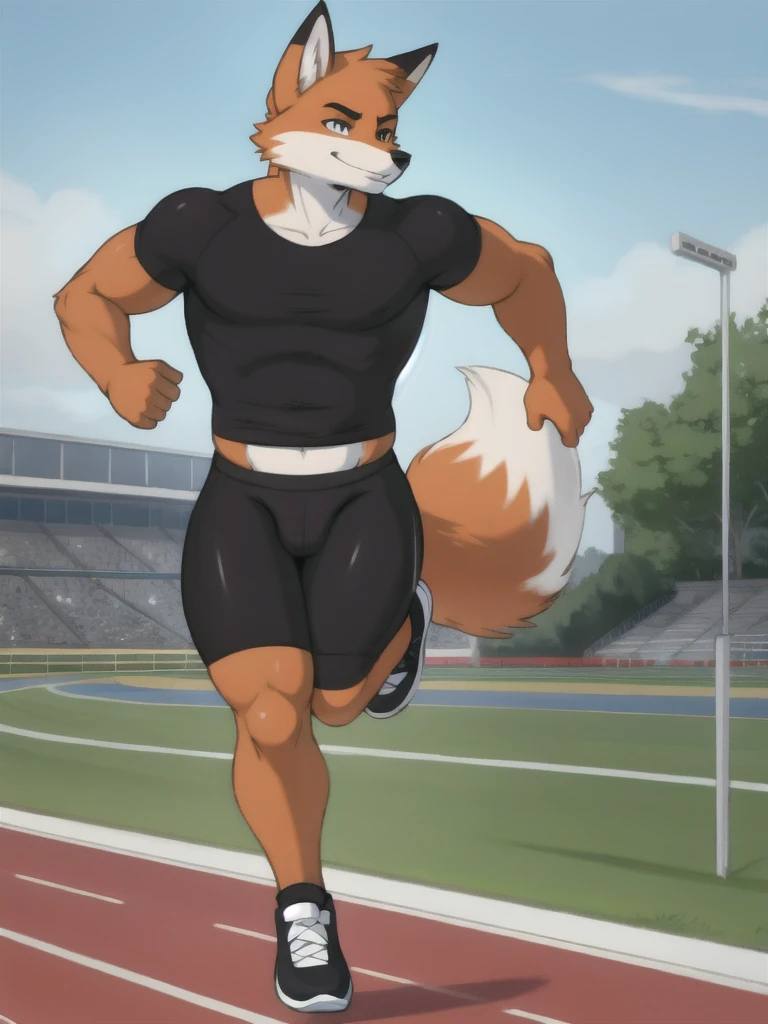 Furry, fox, male, black shirt, black spandex bike shorts, shoes, running track, solo, full body