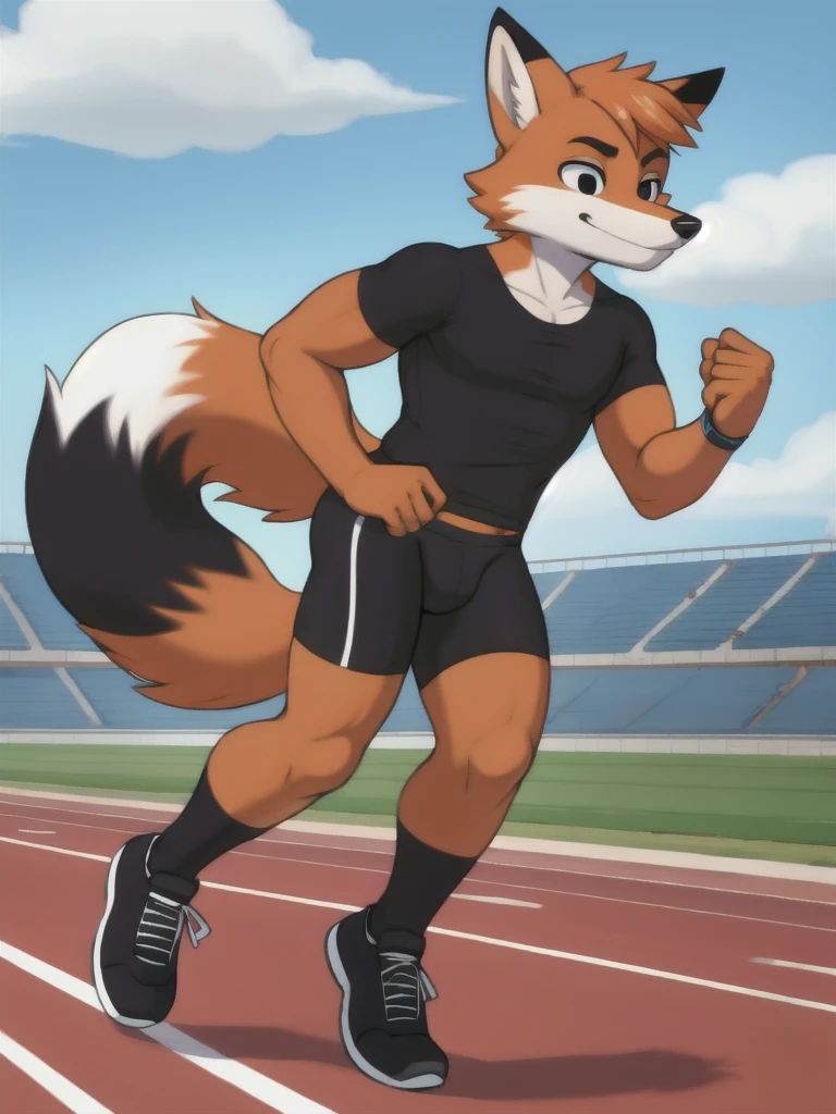 Furry, fox, male, black shirt, black spandex bike shorts, shoes, running track, solo, full body