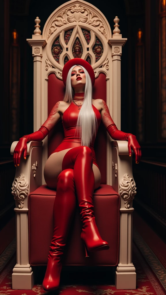 woman, red outfit, red hat, red gloves, red boots, has long white hair, make-up, red thighhighs, scarlet cathedral, stained glass, murals, red eyes, wide hips, sitting, reclined pose, crossed legs, tall throne, serious, smile, (centered:1.2), front view