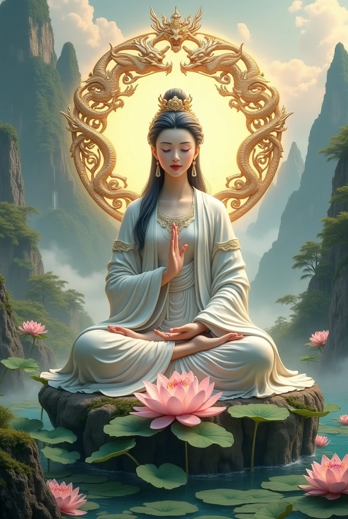 
A Guan Yin Goddess seated in a meditative pose with multiple arms, surrounded by a circular ornate halo with dragon motifs, set against a backdrop of mountains, waterfalls, lotus flowers, additional nature elements, and water. 

