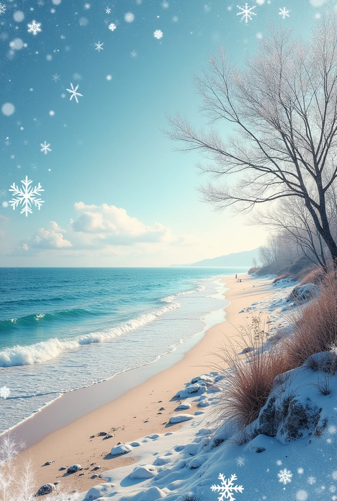 An idea to make a collage with the background of a beach or something similar combined with winter