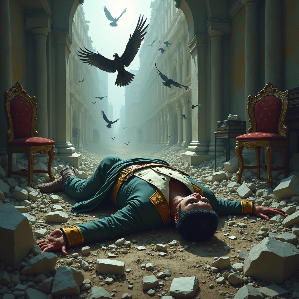 Entering the house, They find the rubble of greatness and the pecked body turned upside down of the man who lived there. He was a military dictator who now rots away among poverty and vultures.



