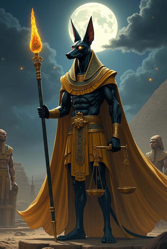 "Anubis, the Egyptian god of death and the underworld, It stands majestically against a backdrop of ancient temples under a night sky illuminated by a full moon.. His figure is imposing and stylized, with the body of a muscular man covered in a golden cloak decorated with ancient hieroglyphics. (((His head is that of a black jackal))) (((Jackal head with elongated snout))) Shiny with pointed ears and golden eyes that emit a mysterious glow. Anubis holds a staff of command in one hand, adorned with sacred symbols, while in the other he holds the scales of justice, where the souls of the dead weigh. Around it, There are sculptures of sphinxes, distant pyramids, and an atmosphere of mystery envelops the entire stage. The artistic style combines realism with elements of traditional Egyptian art., Using dramatic shadows and gold details that reflect the divinity and power of Anubis