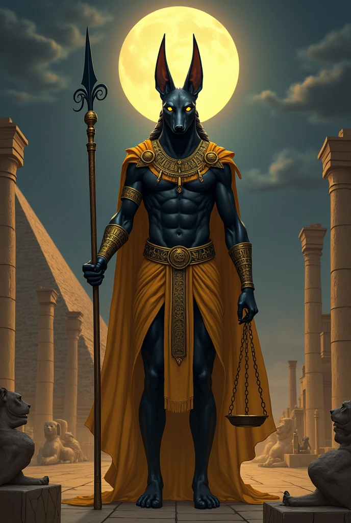 "Anubis, the Egyptian god of death and the underworld, It stands majestically against a backdrop of ancient temples under a night sky illuminated by a full moon.. His figure is imposing and stylized, with the body of a muscular man covered in a golden cloak decorated with ancient hieroglyphics. (((His head is that of a black jackal))) (((Jackal head with elongated snout))) Shiny with pointed ears and golden eyes that emit a mysterious glow. Anubis holds a staff of command in one hand, adorned with sacred symbols, while in the other he holds the scales of justice, where the souls of the dead weigh. Around it, There are sculptures of sphinxes, distant pyramids, and an atmosphere of mystery envelops the entire stage. The artistic style combines realism with elements of traditional Egyptian art., Using dramatic shadows and gold details that reflect the divinity and power of Anubis