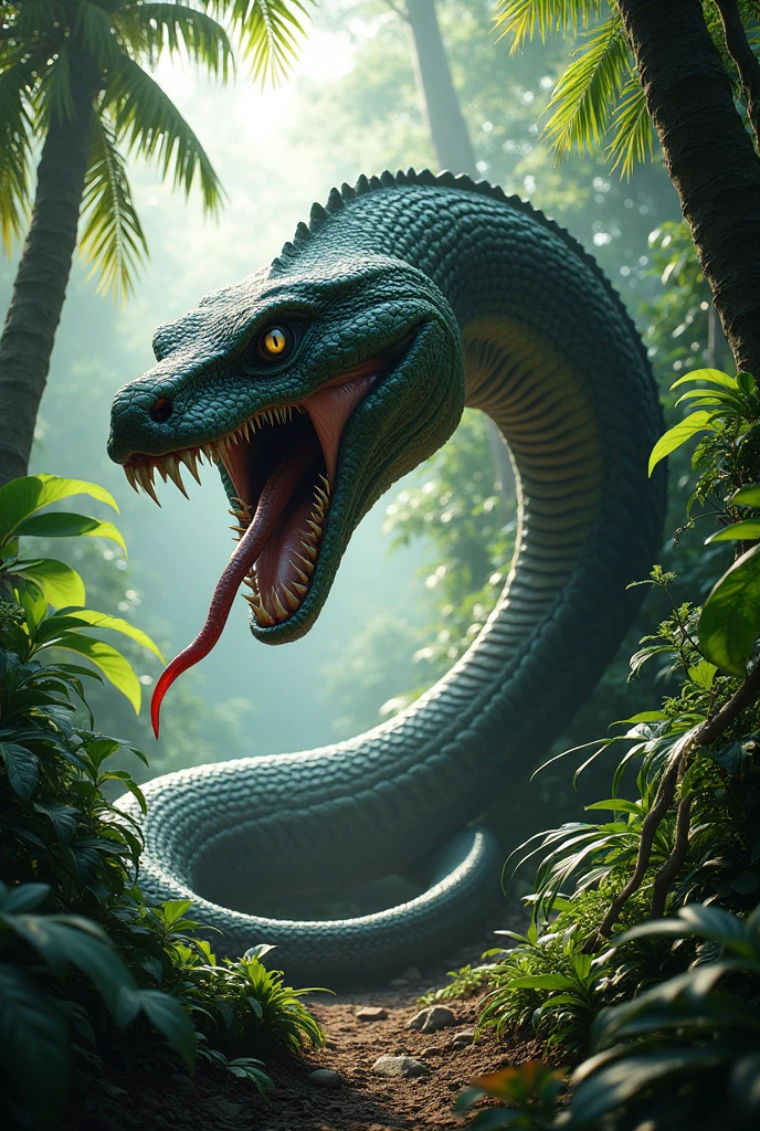 Snake with giant head and small dark body in a jungle