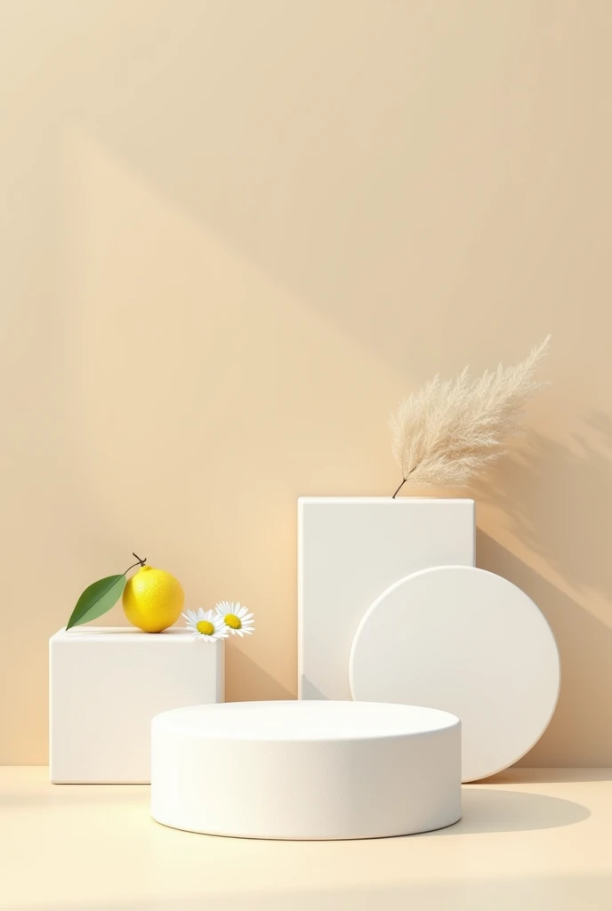 stock photos, a minimalist product display, 3d render of abstract pedestal podium display scene product and promotion concept for advertising, featuring an empty white stone podium with lemon and daisy flowers on the side, this scene exudes simplicity in design while highlighting natural beauty through its minimal use of color, adding depth, beige background, geometric shapes, soft lighting, simple composition, high resolution, delicate textures