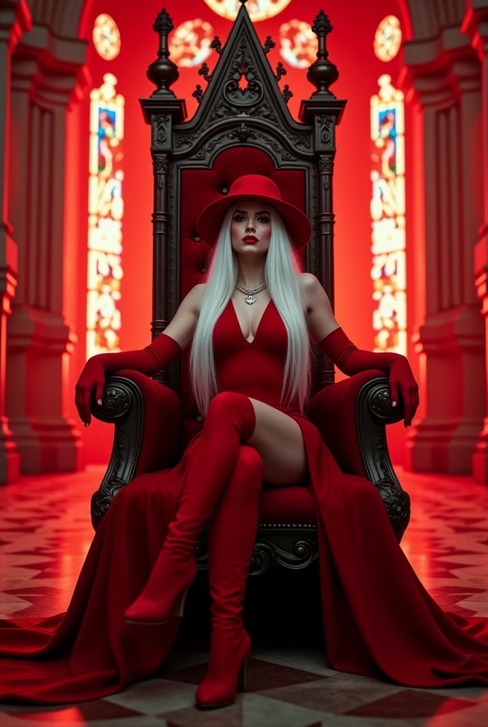 woman, red outfit, red hat, red gloves, red boots, has long white hair, make-up, red thighhighs, scarlet cathedral, stained glass, murals, red eyes, wide hips, sitting, reclined pose, crossed legs, tall throne, serious, smile, (centered:1.2), front view