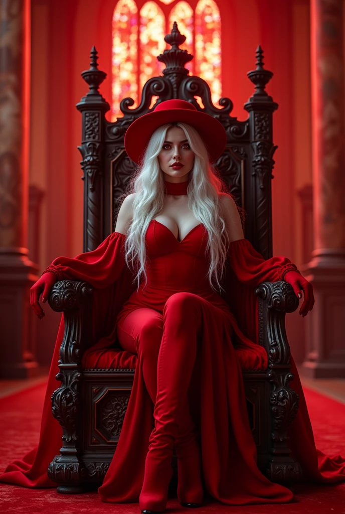 woman, red outfit, red hat, red gloves, red boots, has long white hair, make-up, red thighhighs, scarlet cathedral, stained glass, murals, red eyes, wide hips, sitting, reclined pose, crossed legs, tall throne, serious, smile, (centered:1.2), front view