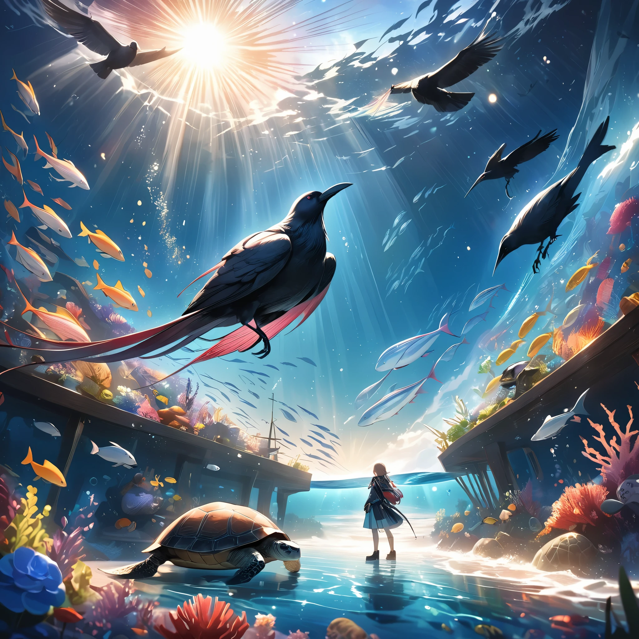 Dazzling Light、lame、A big shining sun、Beautiful and wide sea、One large oarfish、A turtle floating in the sea、A crow、Transparent and beautiful lighting, Artistic design、Pop Fantasy, Vast views、Detailed depiction、Sparkle Effect, Soft Light, Iridescent Oarfish、Bright light、A crow、Fantasy、A Kind World、Lassen、