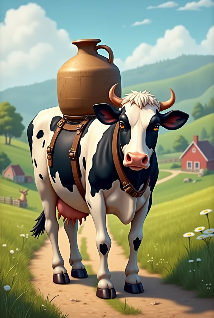 Cow carrying milk jug