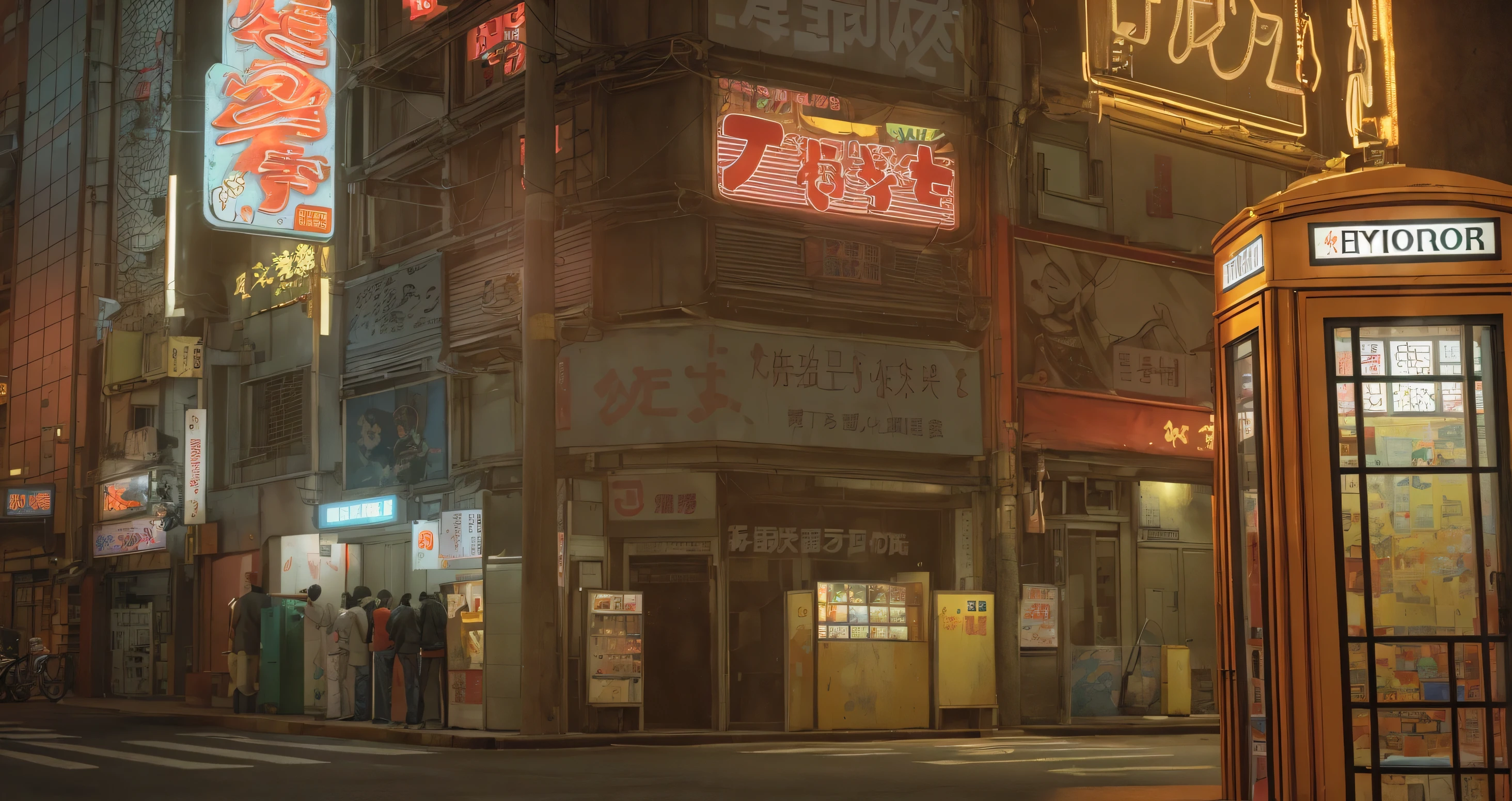 Jingdong Street at night,Late night street,Shop Card,Card,Street vending machines,Old building,Door,New Tokyo Background, Real texture,ue5 render,3D Rendering,A small amount of light Card