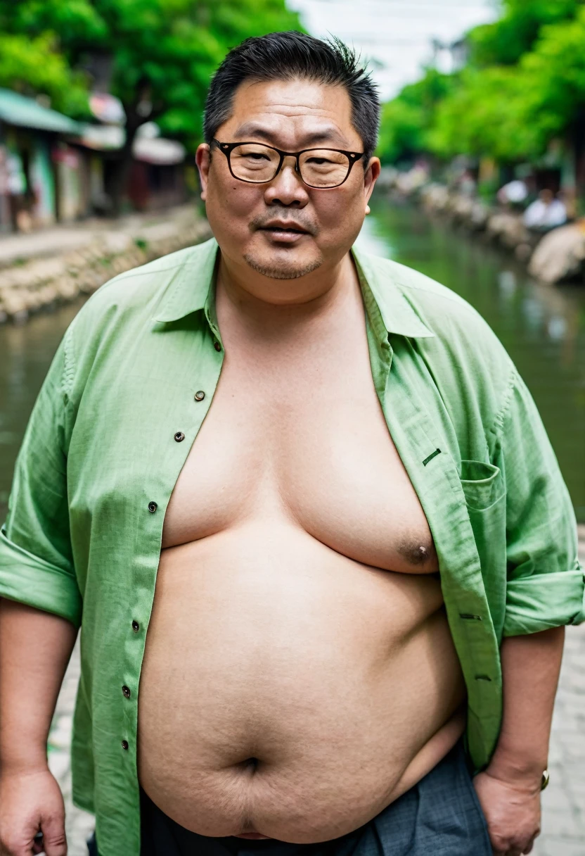 Man, Asian, 50 years old, Fat, Chubby, wearing glasses, wearing a light green shirt unbutton, Unbuttoned, Shirtless, Shirtless, on street, small town, by side the River, sharp image, Top view.