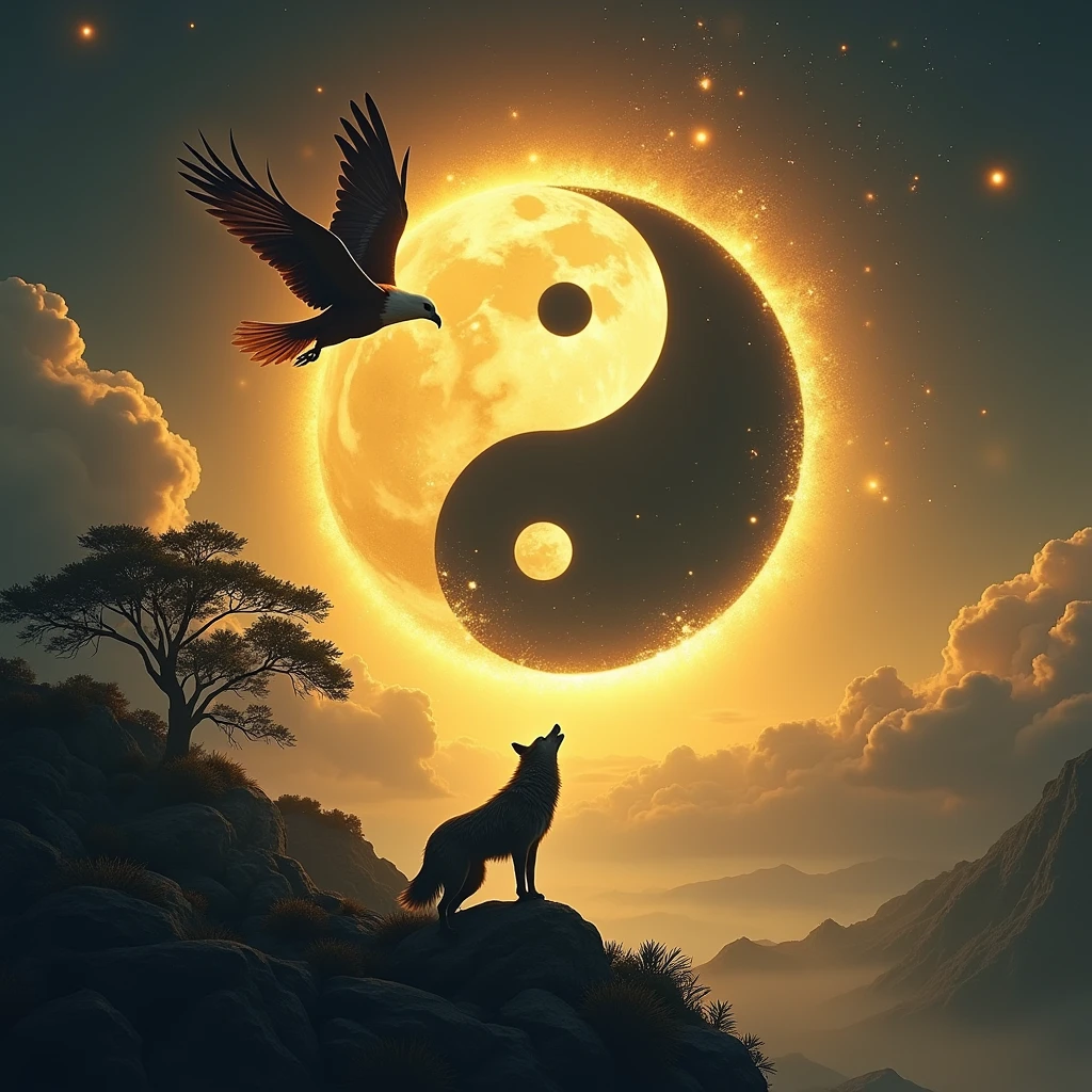 (Ying Yam yellow sun and black moon with white.
Also a lone eagle flying with its wings open in the corner and a lone wolf howling looking at the Ying Yam 