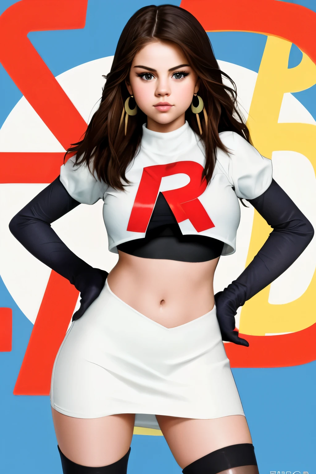 The face of Selena gomez, 1girl, solo, team rocket,team rocket uniform,white skirt,red letter R,crop top,black thigh-highs,black elbow gloves, earrings, large breasts,