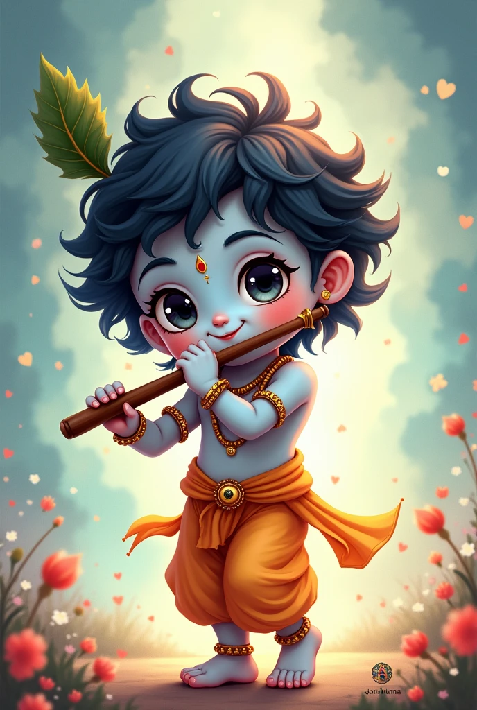 Lork kishna in little anime character with hand in flute and smile face