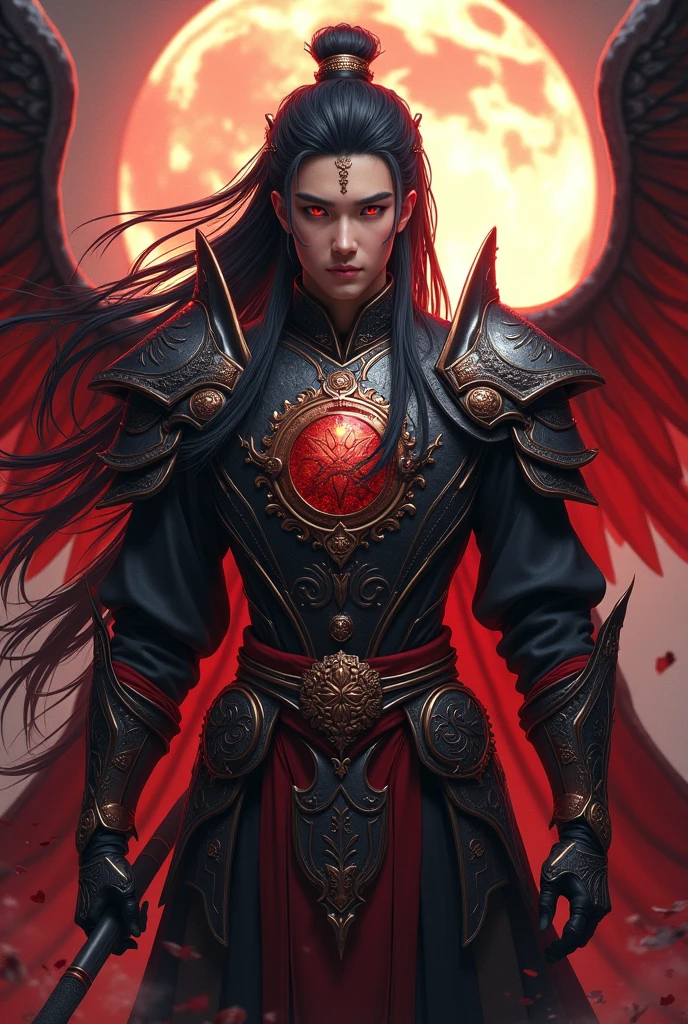 Handsome young early 20 Yo xianxia protagonist,charming handsome,guy,man,long black obsidian hair, Crimson red eyes combination ,and long black tint hair,and the golden rune motiv engraved on his forehead,use armour featuring like God of evil with black and silver dominant color,pauldron protective shape like dragon head,breastplate featuring like qiongqi four perils Chinese beast((search reference for 4 perils Chinese beast qiongqi)),breastplate detailed qiongqi head shape,shoulder protective dragon shape like head red and blue,sun and moon and circling at the background,ultra detail,the tassel of the armour like river of galaxy, combination of black and red dominant color,darkest red dominant color, Crimson dark red dominant color armour,with majestic silver line ,held halberd of abyss,halberd extreme detailed, And demonic wings at back,demonic wings at back,terrifying aura around,24K ultra hd,face and eyes detail,lips and face detail,masterpiece ,better quality