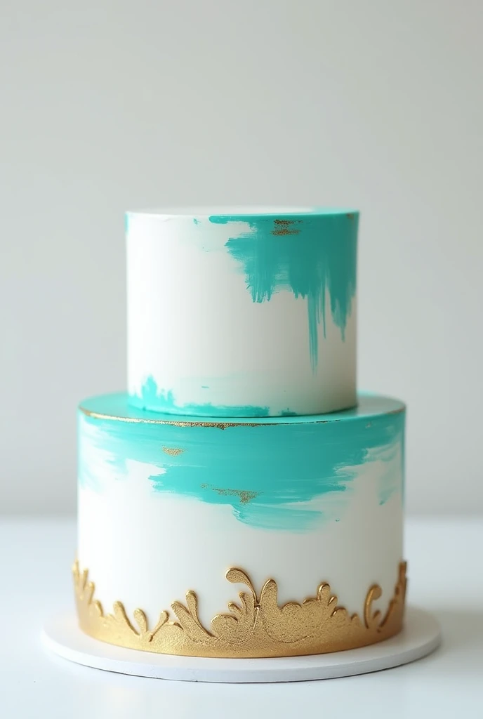 2-tier white cake brushed with turquoise color and gold details on the bases