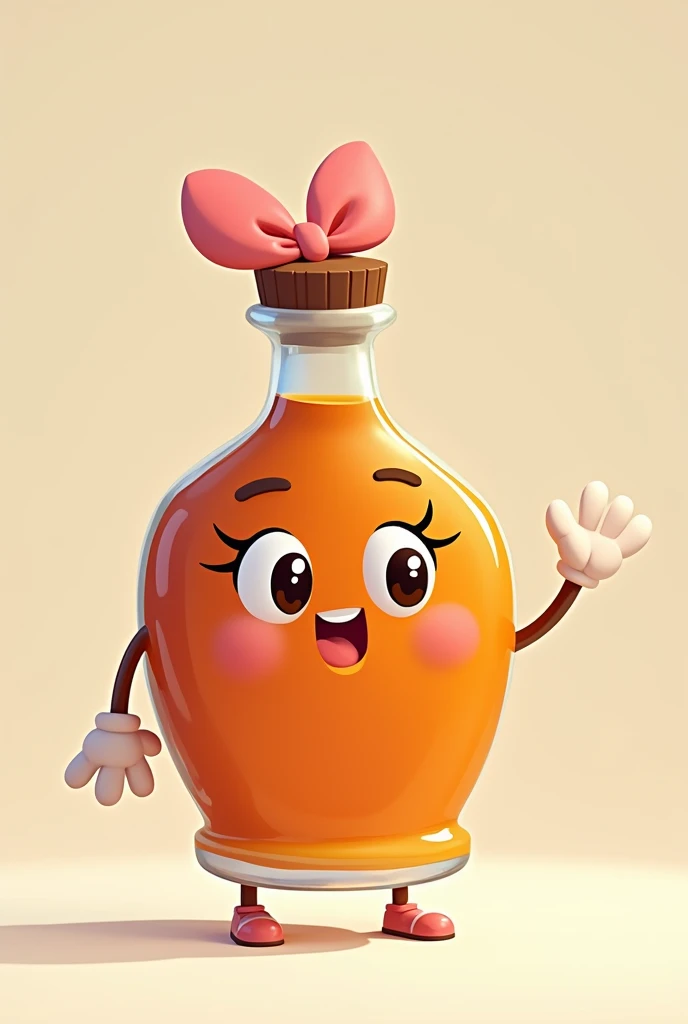 a maple syrup bottle character with a pink bow, big eyes, big eyelashes, arms with white gloves and legs with little shoes, 2D cartoon