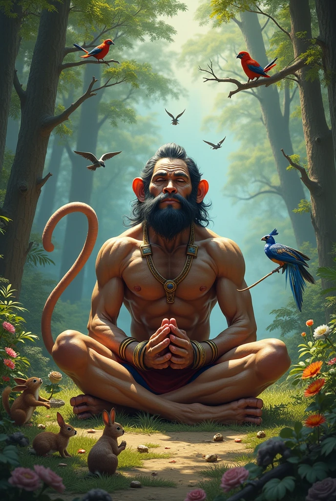 Create a picture of lord hanuman that looks like a monkey man who has a long tail who is sitting and pray to lord ram in a beautiful forest some rabbits and some squirrels are running around the ground he is sitting under a big and beautiful tree on that tree there are many birds like parrots peacocks eagles and some monkey's are sitting