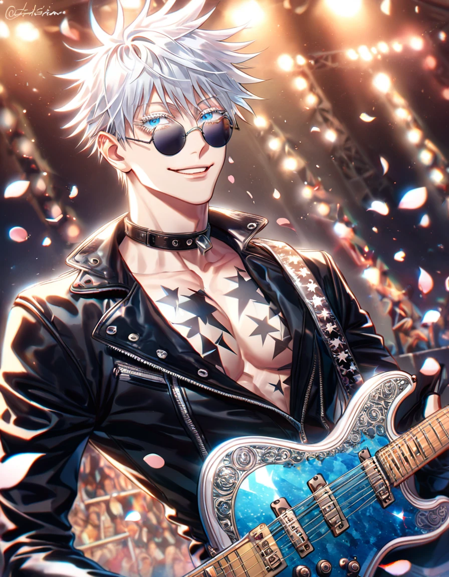 absurdres, highres, ultra detailed, HDR, master piece, best quality, extremely detailed face, delicated features, Gojou Satoru, white hair, expressive blue eyes, white eyelashes, Jujutsu Kaisen, solo, sexy man, handsome, sensual, smiling, playing a guitar, round black sunglasses, black belts, black leather jacket, showing the chest, black collar, patterns, rockstar, black rockstar clothes, black gloves, fingerless gloves, stage, lights, petals, fantasy, magical