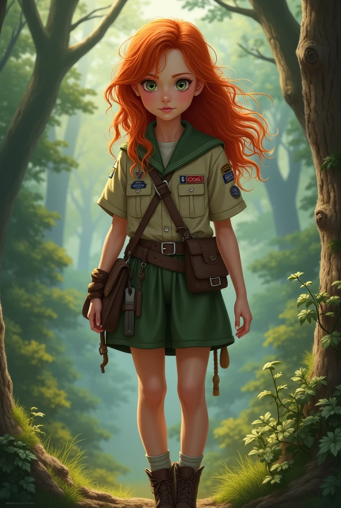 redhead girl wolf scout, with thin arms but with strength