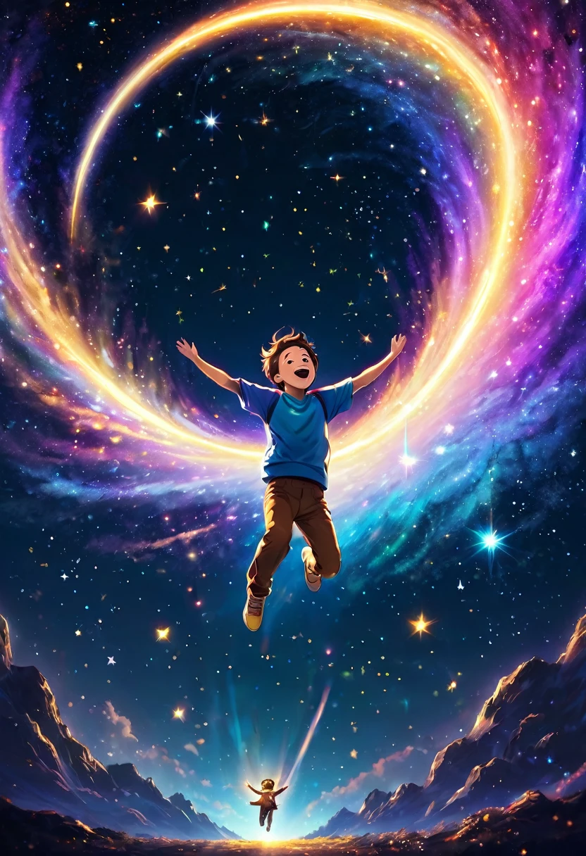 Close-up of a man jumping through stars and galaxies in the night sky. smile. joy. He raises his arms in joy. I'm watching a man jump from the side. Galaxy. Shooting star. It represents the moment when you step into a new world, filled with hope and a sense of accomplishment. The contrast between the dark interior and the bright, open exterior emphasizes themes of transformation and new beginnings, and emphasizes an overall sense of optimism and accomplishment. The figure emits light, creating a light effect around it and spreading light ripples throughout. please. Add shine with light radiation and fine particles. The bright and warm design soothes the hearts of those who see it. big rainbow