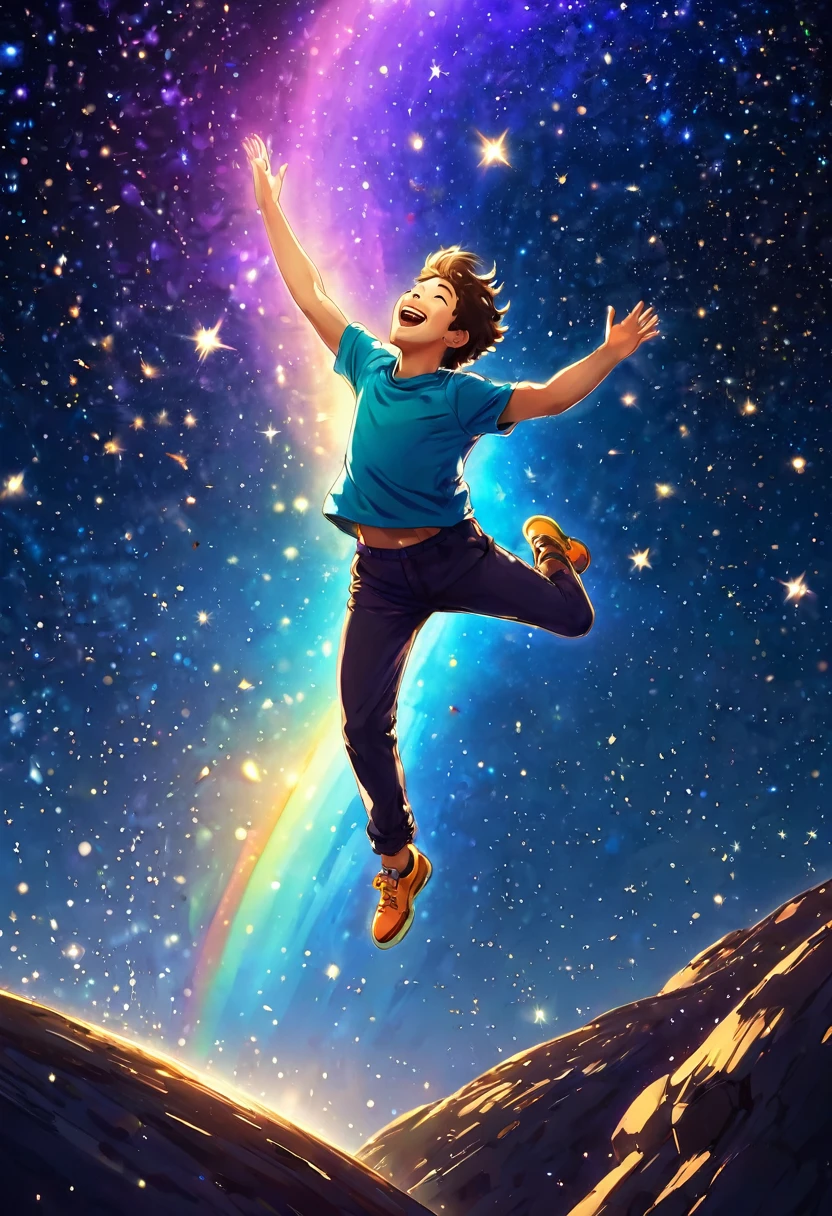 Close-up of a man jumping through stars and galaxies in the night sky. smile. joy. He raises his arms in joy. I'm watching a man jump from the side. Galaxy. Shooting star. It represents the moment when you step into a new world, filled with hope and a sense of accomplishment. The contrast between the dark interior and the bright, open exterior emphasizes themes of transformation and new beginnings, and emphasizes an overall sense of optimism and accomplishment. The figure emits light, creating a light effect around it and spreading light ripples throughout. please. Add shine with light radiation and fine particles. The bright and warm design soothes the hearts of those who see it. big rainbow