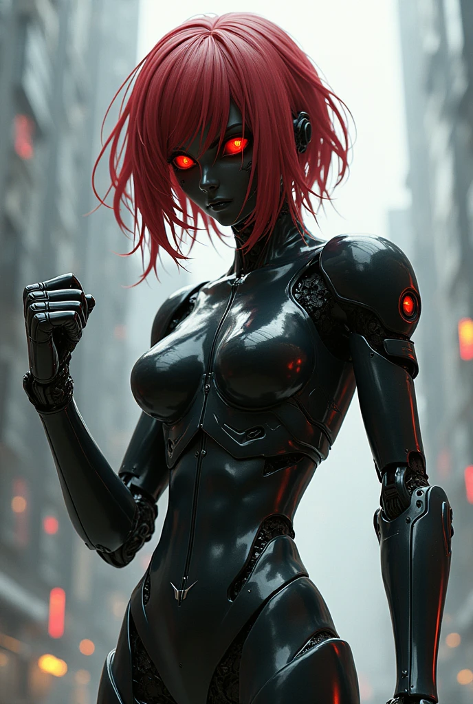 A female robot with red pupil and black sclera, robotic outfit like ashuka langley, flowing red crimson hair, having a a glove with blade at the elbow, robot jaw