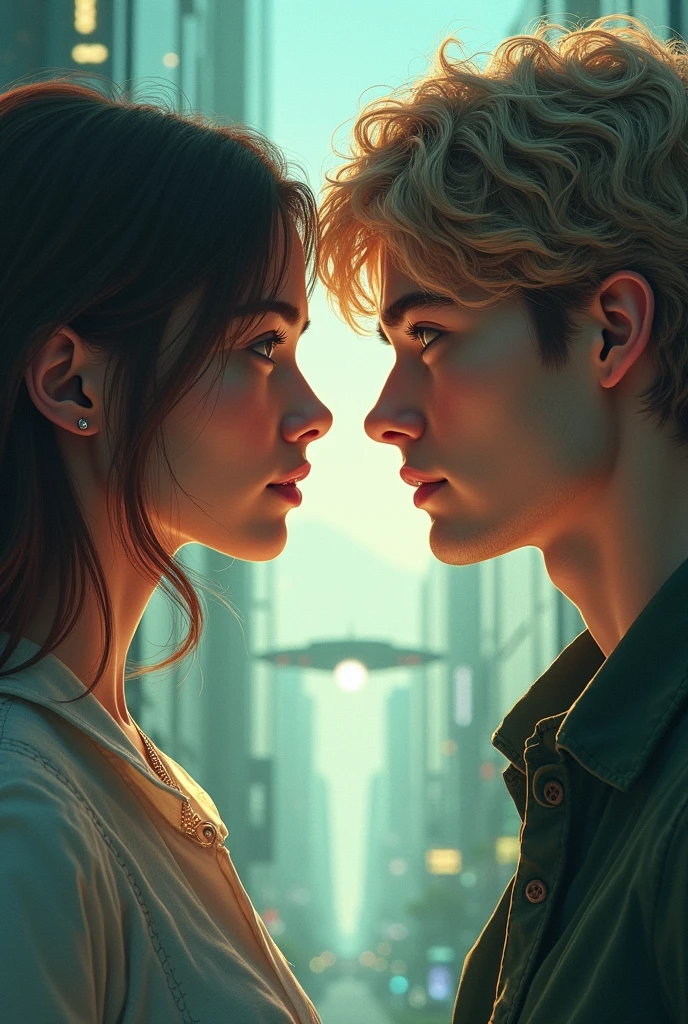 Boy and girl staring at each other, that the girl has brown hair and the boy has brown hair with blonde, On the girl&#39;s side, let it be a futuristic world and on the boy&#39;s side, let it be a garden., They are both already 20 years old., photographic realism style