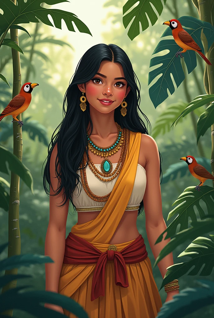 .lara, the Kind Young Woman Illustration A young indigenous Brazilian woman with straight hair and a kind smile, wearing traditional Amazonian clothing. She is interacting with the animals, showing your love for nature.