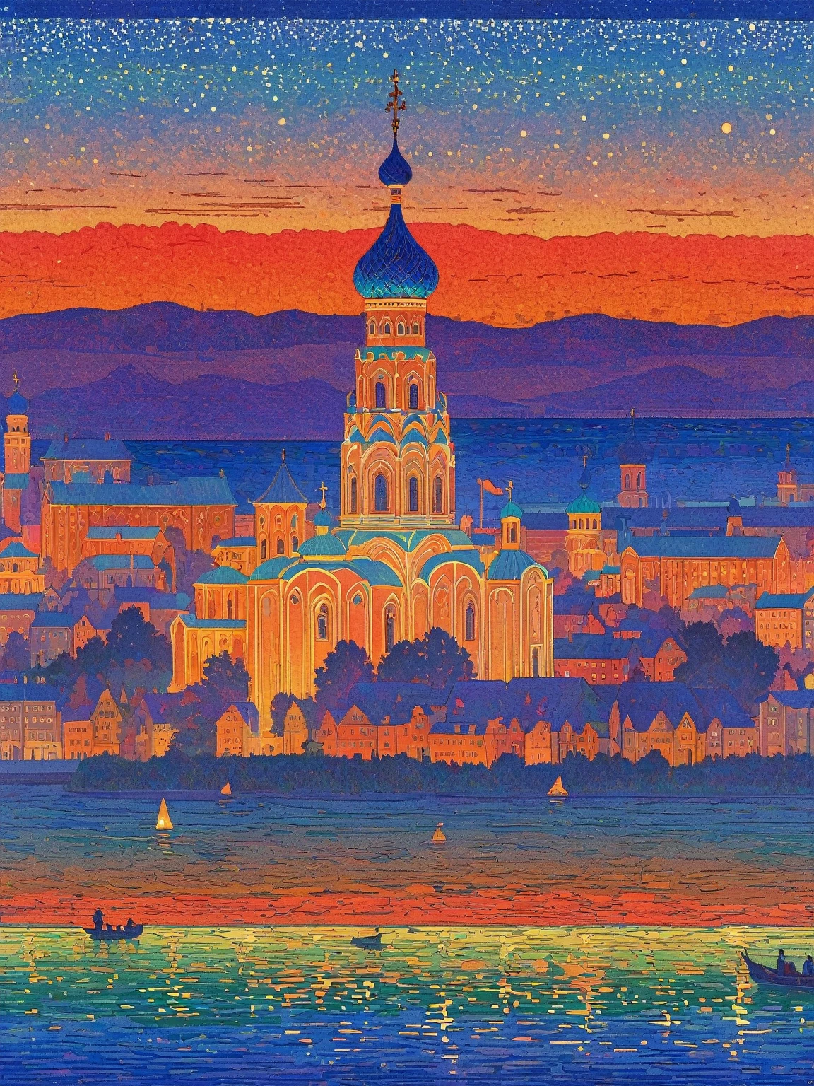 Close-up of a poster,Buildings in the background, A starlit city at sunset, Ivan Bilibin (Ivan Bilibin) of inspiration, Grainy Risograph Matte, Sacred City | illustration, inspired author:Igor Grabar, slav epic, Magical Soviet town, author:Igor Grabar, 受到瓦西里·马克西莫夫of inspiration, Andrei Ryakin (Andrei Ryabushkin) of inspiration