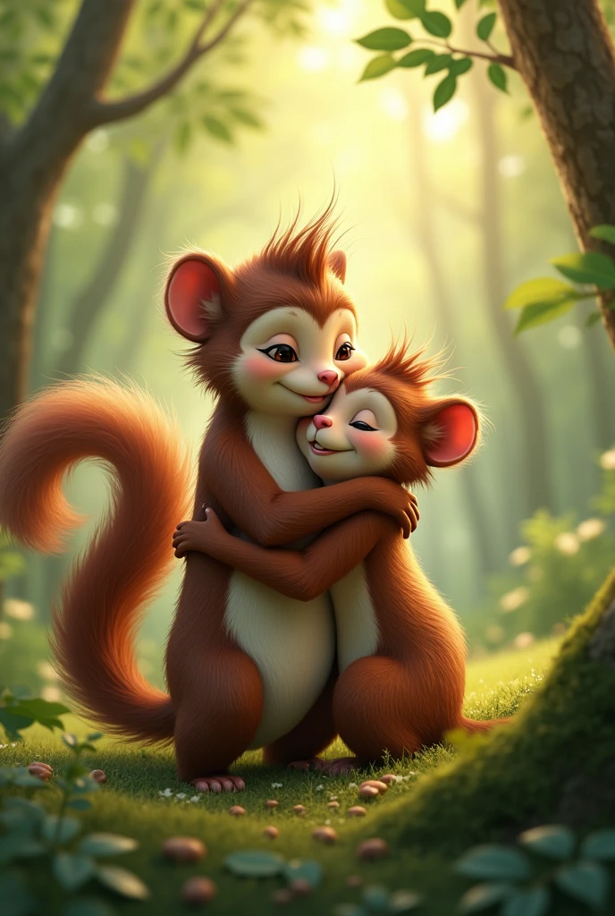 A squirrel and a monkey hugging each other realistically