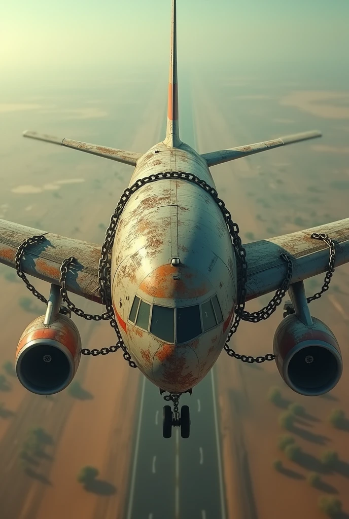 Indian airlines Plane crossing border ,plane in bad condition and covered with chains from start to end with cinematic shots 