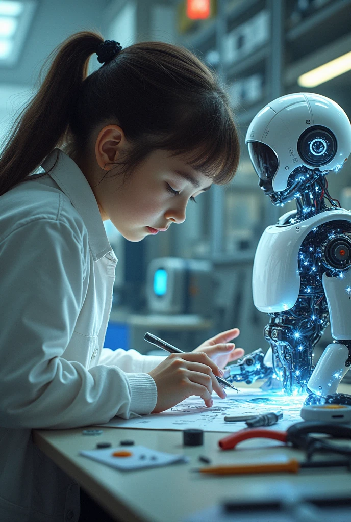 A girl creating an artificial intelligence robot 
