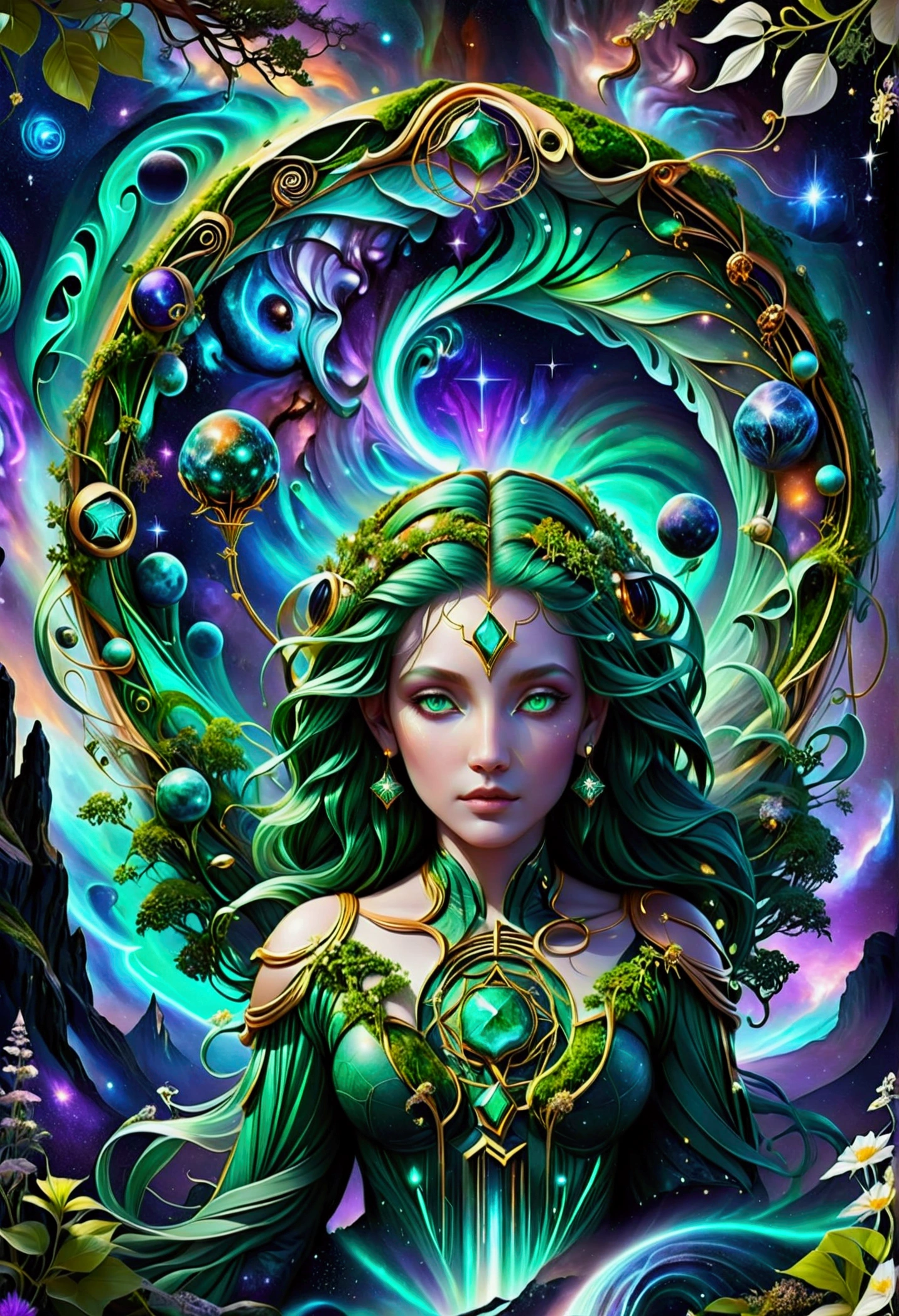 A detailed digital illustration, intertwining cosmic nebulae in the shape of the zodiac signs, Gemini Zodiac, Emerald green, fantastical imagery, tarot cards wild and imaginative, into the void, enter the void